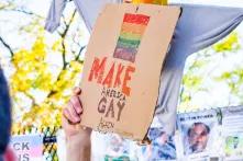 poster on demonstration saying "make america gay again"
